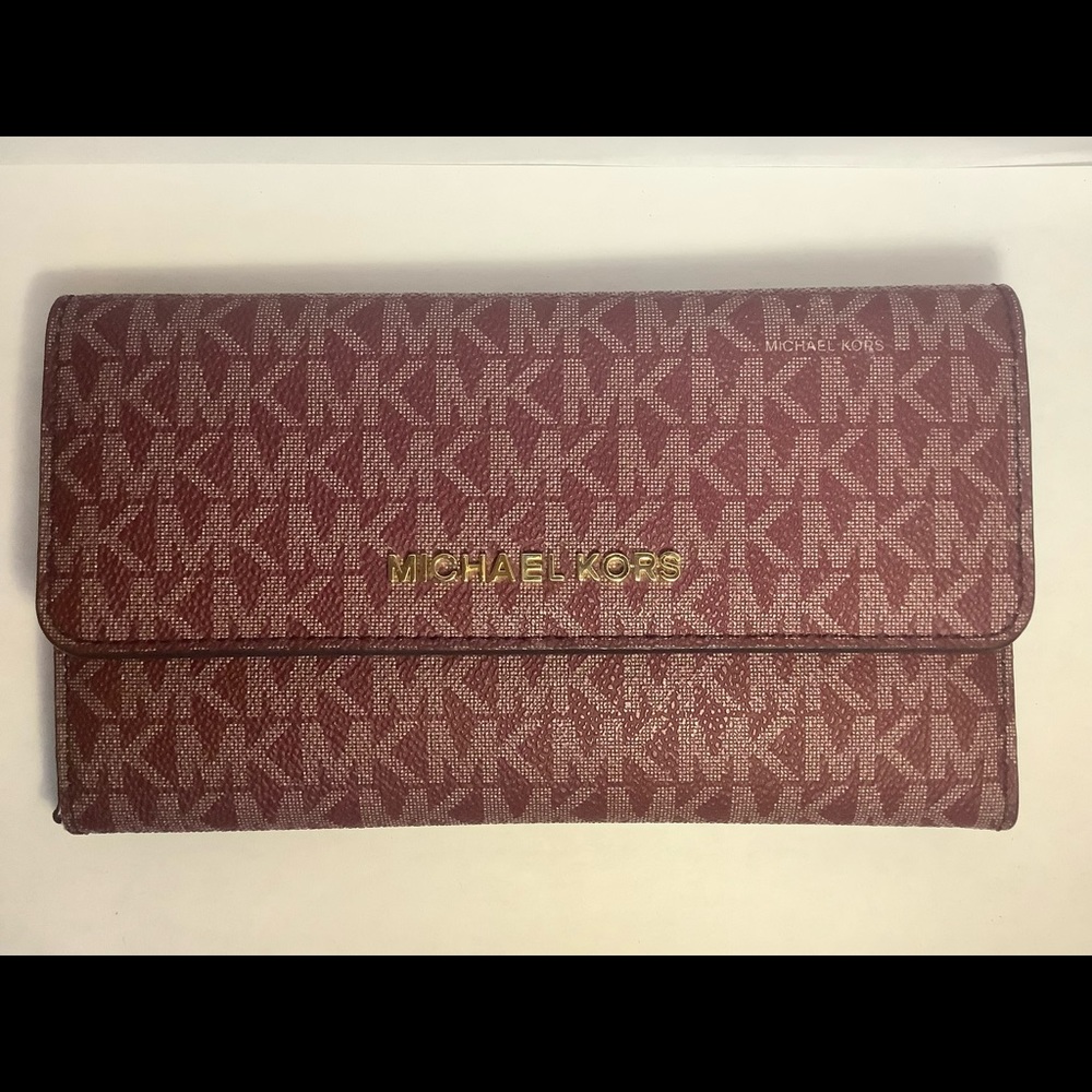 Michael Kors Jet Set Travel Large Trifold Wallet Oxblood MK Signature